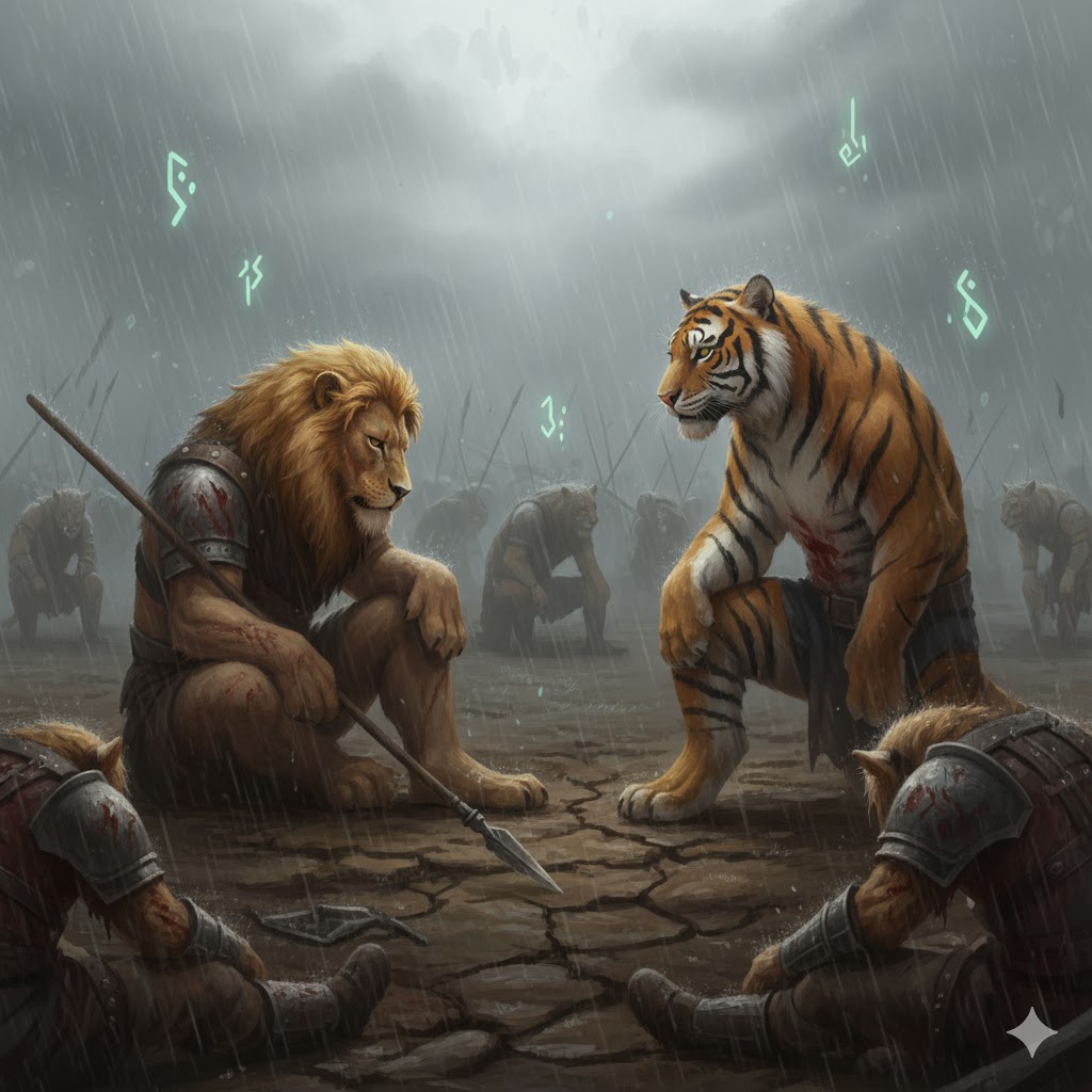 Emotional scene showing exhausted and wounded lions and tigers pausing in battle, respect growing between enemies